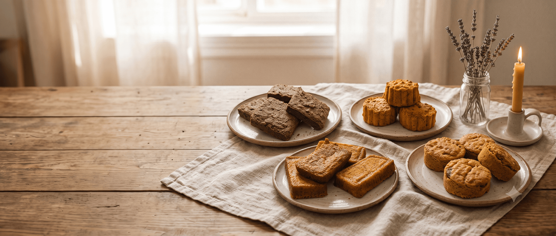 Selección de repostería Sofynut recién horneada: brownies, torta de naranja y galletas de almendra