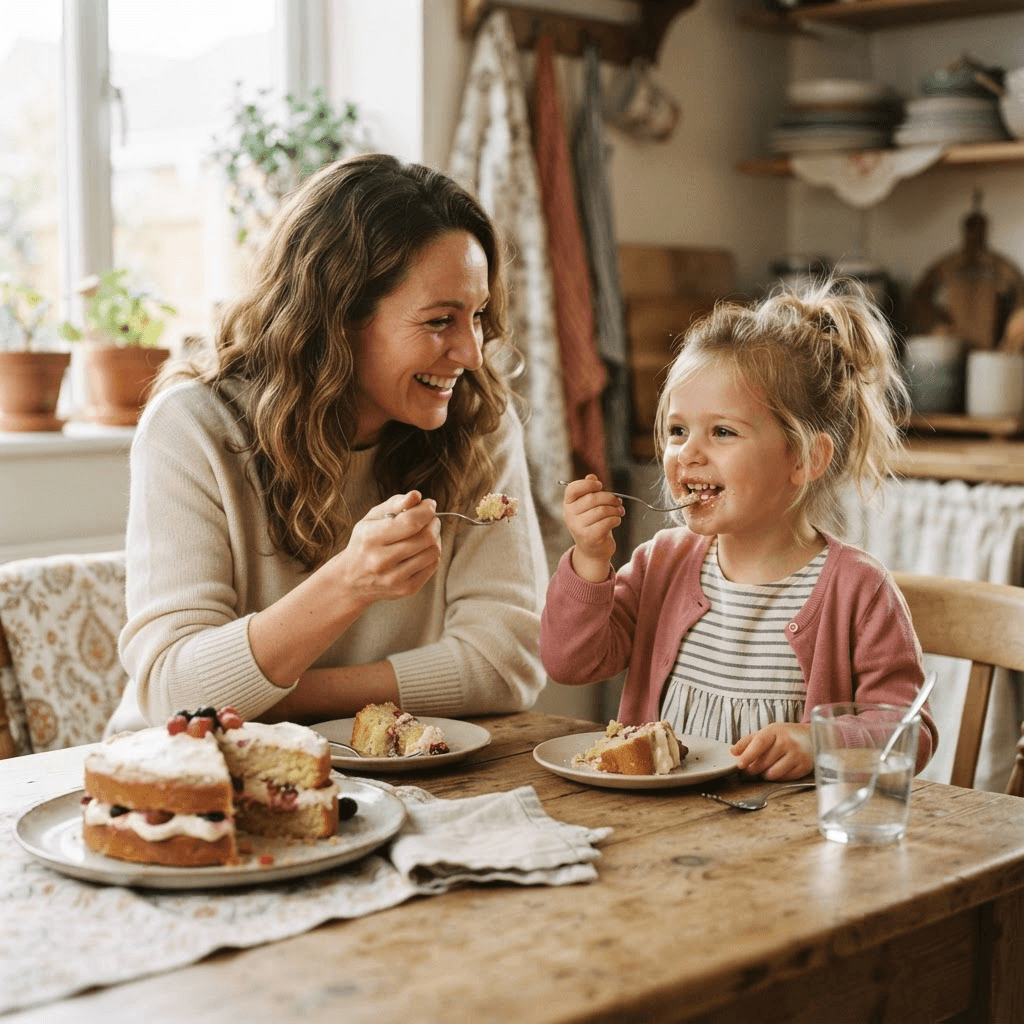Sofi disfrutando en familia un postre casero de Sofynut